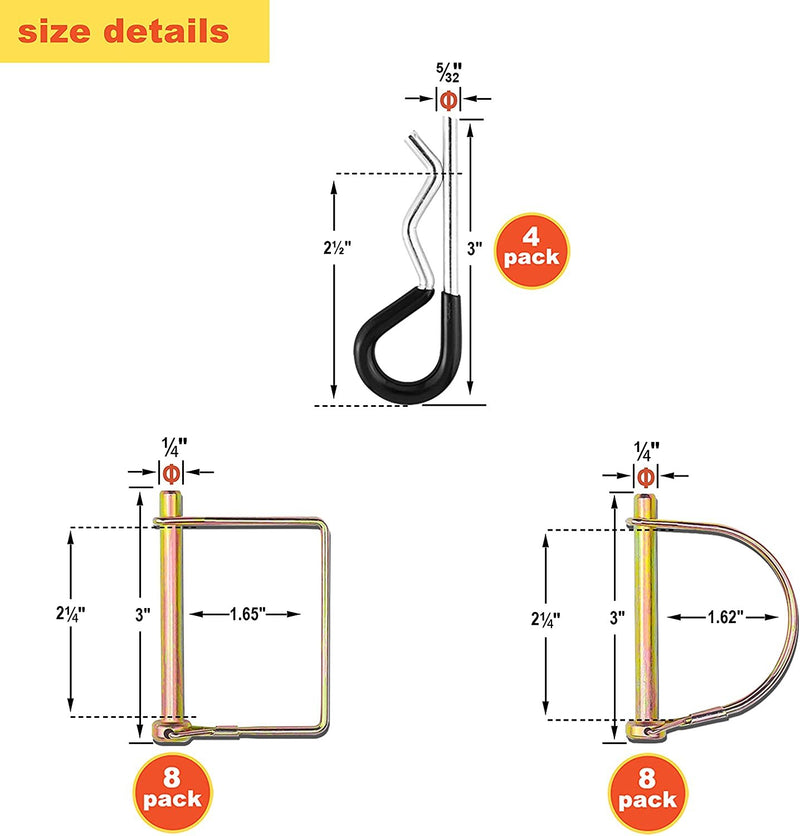 Wellmax 20 Pcs Shaft Locking Pin in 1/4 Diameter Zinc-Plated Heavy Duty Safety Pins, Bonus 4 Pcs Heavy Duty Trailer Hitch Pin for Trailer Lock and Hitch Pin Lock for Farm Lawn Garden Wagons