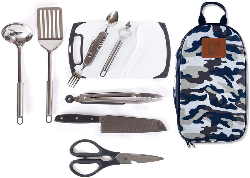 Wellmax Camping Utensils Cooking Set, Camping cookware with Kitchen Knife and Equipment, Camping Accessories and Supplies with Travel Organizer, Grey Camo Color