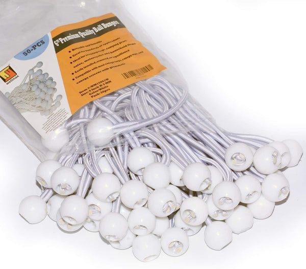 6 inch 50 Piece Heavy Duty 5mm Ball Bungee Canopy Cord By Wellmax, White Color