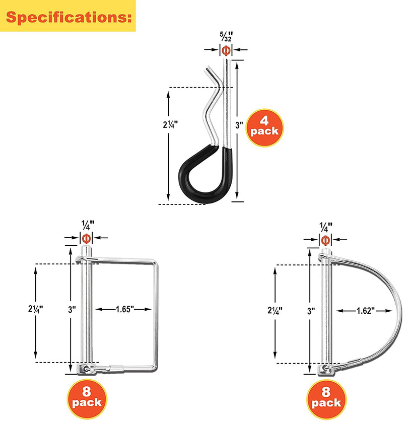Wellmax 20 Pcs Shaft Locking Pin in 1/4 Diameter Zinc-Plated Heavy Duty Safety Pins, Bonus 4 Pcs Heavy Duty Trailer Hitch Pin for Trailer Lock and Hitch Pin Lock for Farm Lawn Garden Wagons