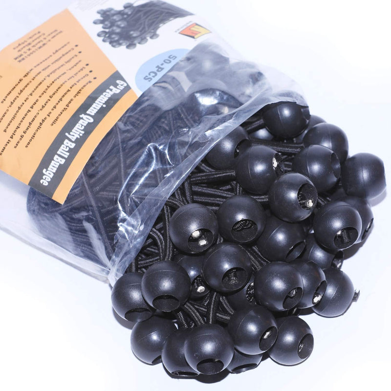 6 inch 50 Piece Heavy Duty 5mm Ball Bungee Canopy Cord By Wellmax, Black Color