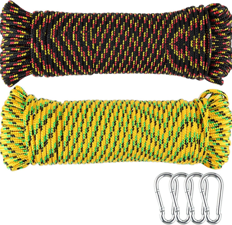 Wellmax 3/16" x 100' Diamond Braided Polypropylene Rope with UV Protection and Weather Resistance, Yellow/Black - 2 Pack