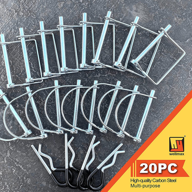 Wellmax 20 Pcs Shaft Locking Pin in 1/4 Diameter Zinc-Plated Heavy Duty Safety Pins, Bonus 4 Pcs Heavy Duty Trailer Hitch Pin for Trailer Lock and Hitch Pin Lock for Farm Lawn Garden Wagons
