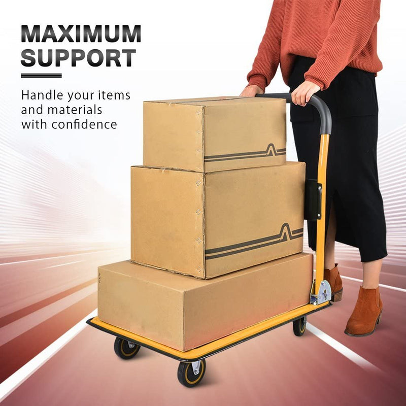 Push Cart Dolly by Wellmax, Moving Platform Hand Truck, Foldable for Easy Storage and 360 Degree Swivel Wheels with 660lb Weight Capacity, Yellow Color