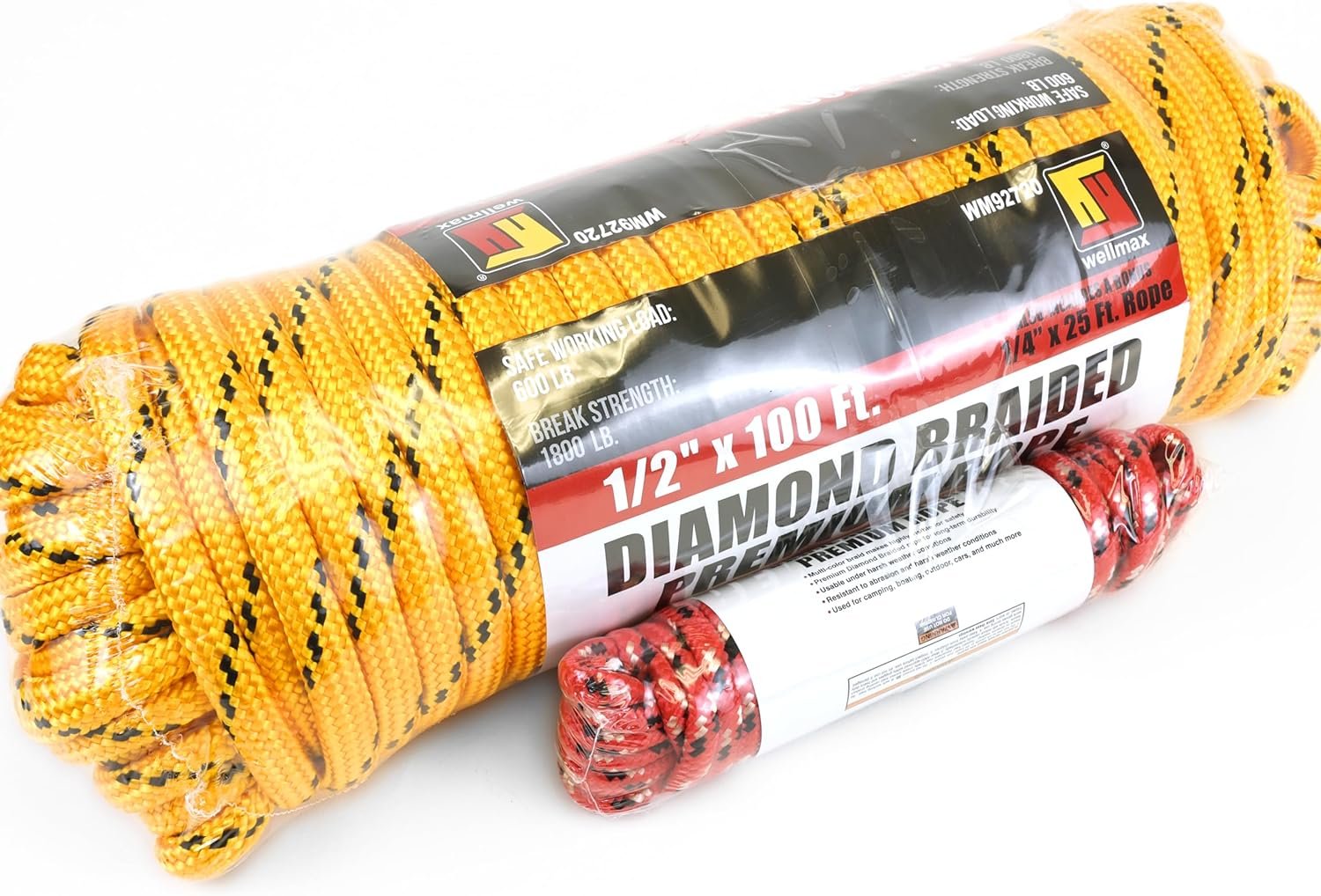 Wellmax Diamond Braid Nylon Rope, 1/2 in X 100 Foot with UV Protection and Weather Resistance, Yellow