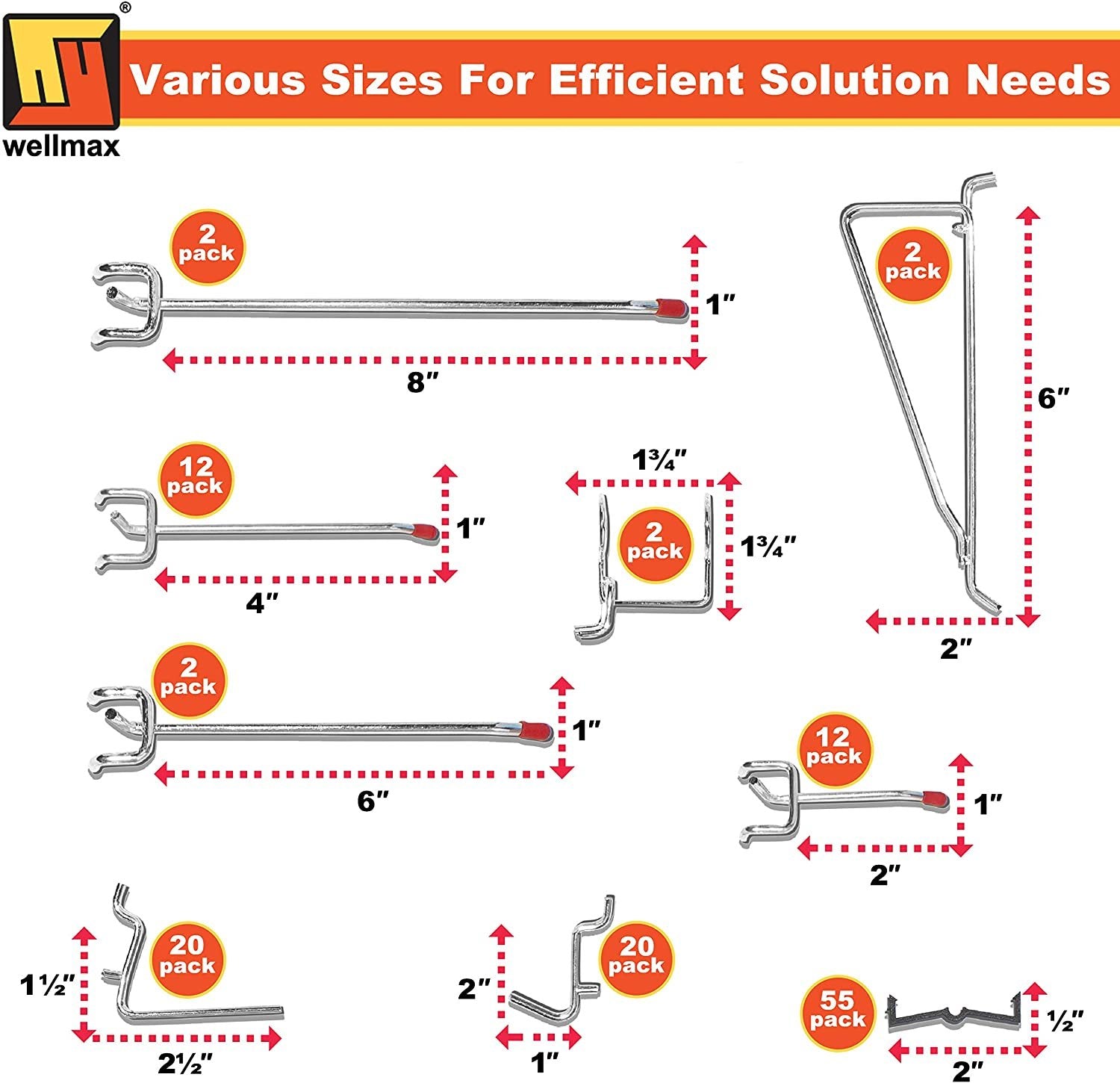 Wellmax 188pc Pegboard Hooks Accessories Assortment, Heavy Duty Peg Board Hook Set, Perfect for tools, crafts, peg boards and pegs attachments. Fits 1/4 and 1/8 inch Peg Holes