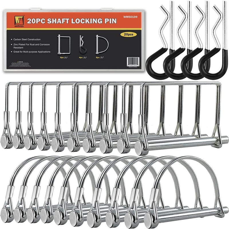 Wellmax 20 Pcs Shaft Locking Pin in 1/4 Diameter Zinc-Plated Heavy Duty Safety Pins, Bonus 4 Pcs Heavy Duty Trailer Hitch Pin for Trailer Lock and Hitch Pin Lock for Farm Lawn Garden Wagons