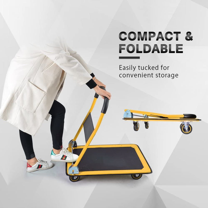 Push Cart Dolly by Wellmax, Moving Platform Hand Truck, Foldable for Easy Storage and 360 Degree Swivel Wheels with 660lb Weight Capacity, Yellow Color