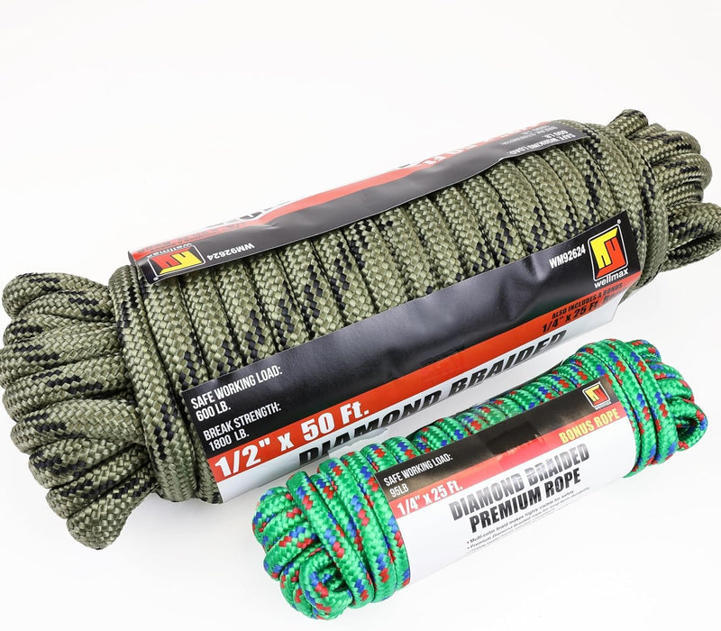 Wellmax Diamond Braid Nylon Rope, 1/2 in X 50 Foot with UV Protection and Weather Resistance, Camo