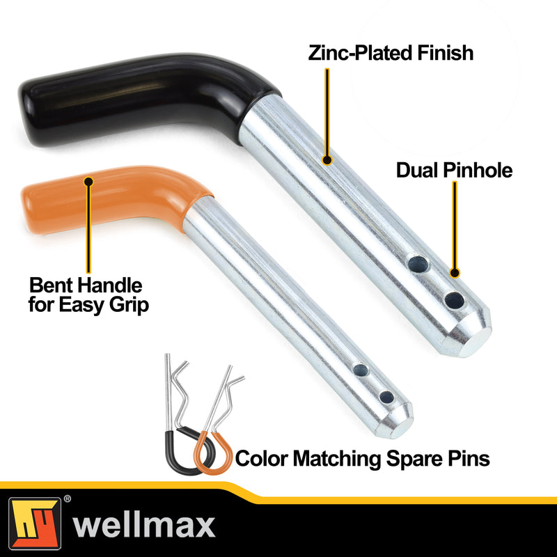 Wellmax 12PC 5/8" and 1/2" Diameter Dual Pinhole Trailer Hitch Pin Set - 3 PC 5/8"x 3-1/2" and 1 PC 1/2"x3" Shank, with Rubber-Coated Vinyl Grip and 8pcs R Clips, Zinc-Plated for 2" Receiver